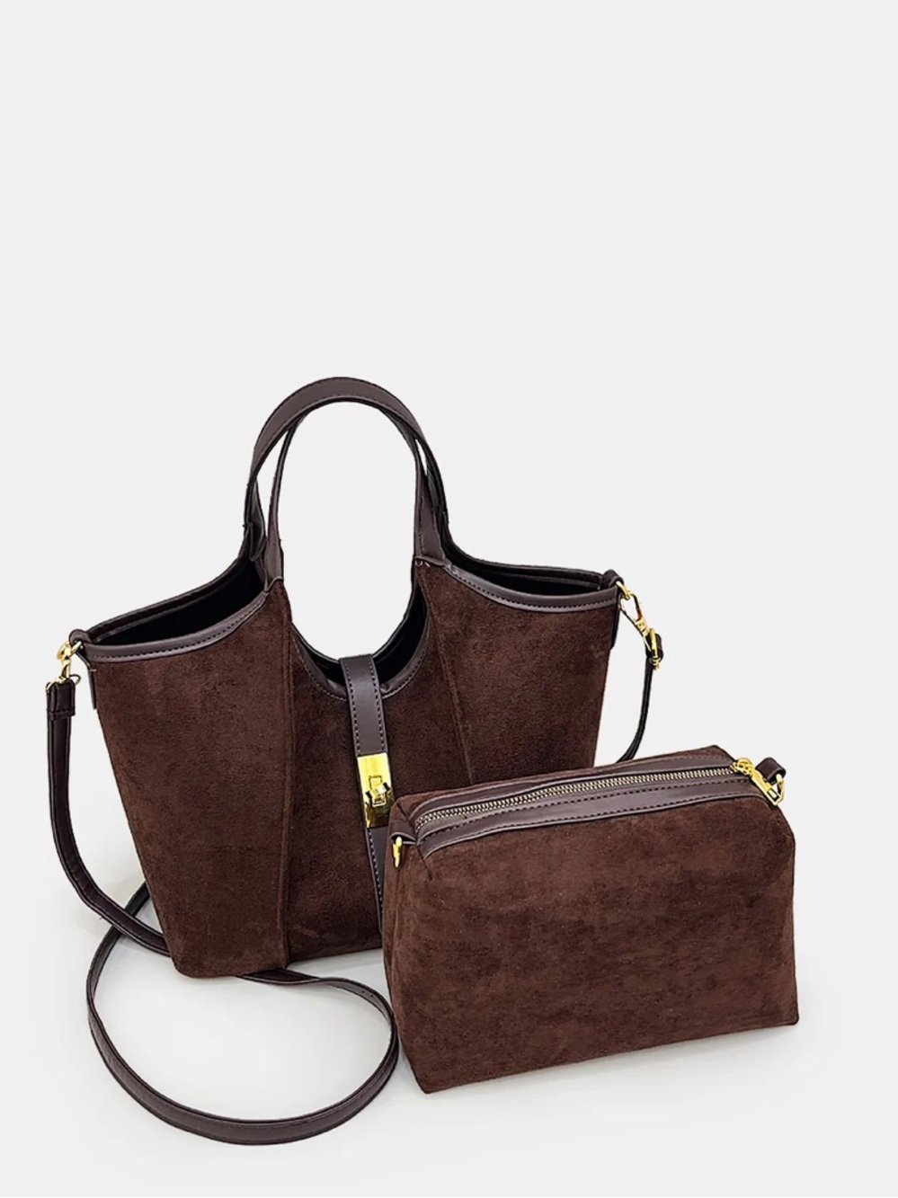 NWT Commense bintsge inspired Brown Suede Top handle tote bag Gold Hardware